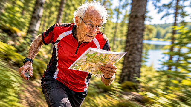An old man running through the woods on orienteering competition.