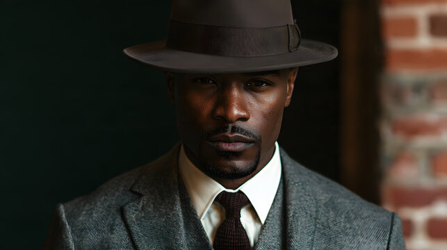 A dapper man wearing a vintage tweed suit, fedora hat, and tie looking straight into the camera with confidence. Studio portrait of a stylish gentleman with a serious expression and retro aesthetic. 1