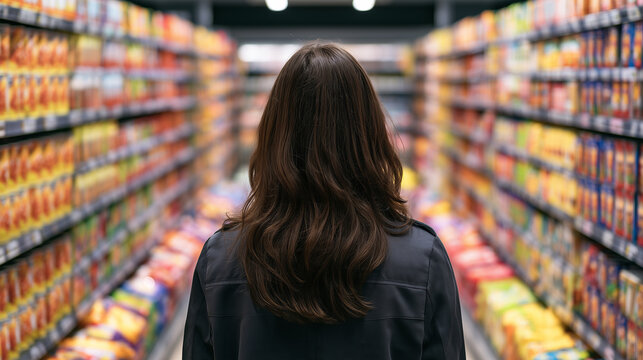 Woman Shopping in Supermarket Aisle with Shelves of Packaged Grocery Products