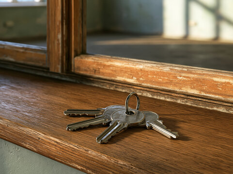 Close-up of a simple set of unbranded apartment keys lying on a wooden windowsill inside an empty rental apartment.