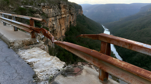 Damaged rusty metal guardrail on a dangerous cliff edge road overlooking a deep green valley and winding river canyon landscape with majestic mountain peaks in the background during daylight hours
