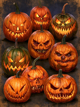 Devilish Halloween pumpkins with spooky faces