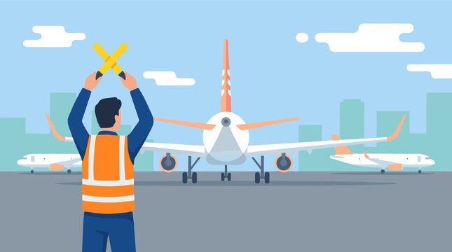 Airport ground staff marshalling aircraft on tarmac, aviation flat design