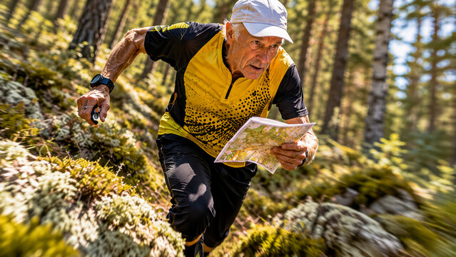 An old man running through the woods on orienteering competition.