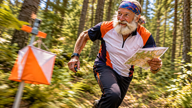 An old man running through the woods on orienteering competition.