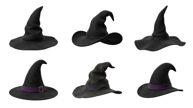 Collection of six black pointed witch hats with various shapes and purple ribbon bands for halloween costumes isolated on a transparent background
