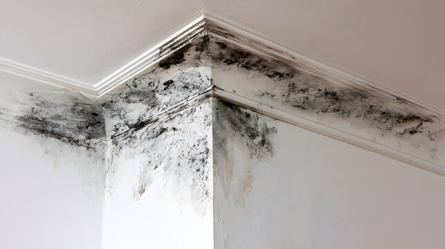 Severe black mold growth spreading across the corner of a white residential room ceiling and wall due to dampness moisture condensation water leak damage property repair danger health hazard problem h