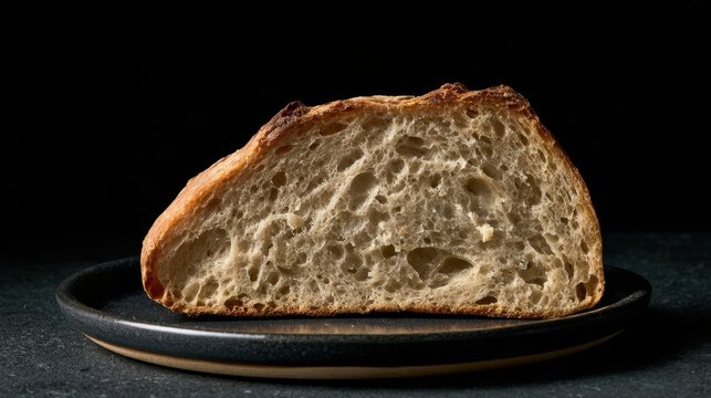 Close up view of freshly baked sliced crusty bread piece on dark ceramic plate isolated with black background