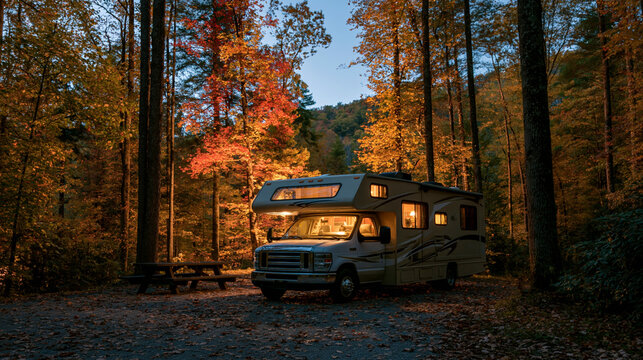 a serene forest during autumn. A silver recreational vehicle, likely a motorhome or camper van, is parked in the center of the frame.