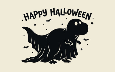 Happy halloween t rex dinosaur wearing a ghost costume vector © Mushfikur