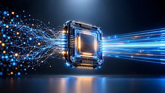 High tech computer microchip processing glowing blue and orange data streams representing quantum computing and artificial intelligence