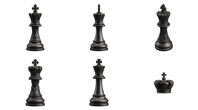 Collection of black chess pieces including kings and queens with ornate detailing and smooth surfaces isolated on a transparent background