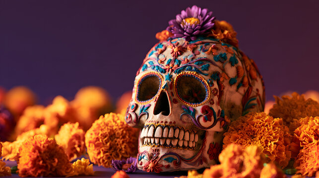 Decorated sugar skull surrounded by Tagetes erecta marigold flowers on purple background, traditional symbol for day of the dead celebration, festivity, culture, heritage, art, ritual and remembrance