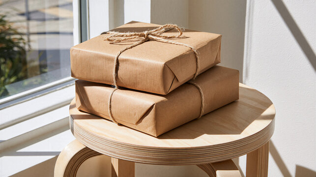 Small stack of neatly packed kraft parcels on a wooden stool near a bright window