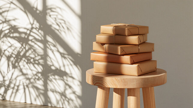 Small stack of neatly packed kraft parcels on a wooden stool
