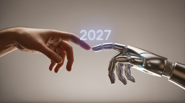 Human hand touching robotic hand with 2027 year sign