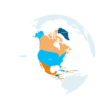 Political map of North America. Blue colored land with country name labels on white background. Ortographic projection. Vector illustration