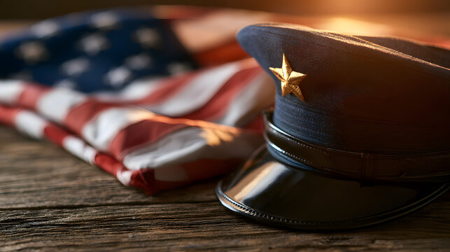 Military officer cap with gold star emblem resting on a rustic wooden table next to a folded national flag create a solemn and respectful atmosphere for memorial day commemoration and patriotic tribut