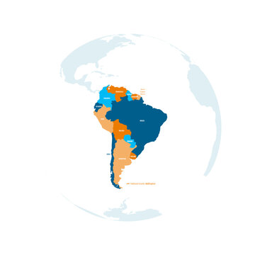 Political map of South America. Blue colored land with country name labels on white background. Ortographic projection. Vector illustration