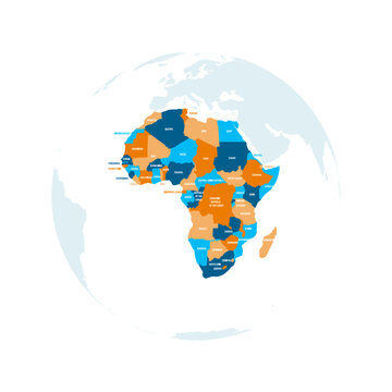 Political map of Africa. Blue colored land with country name labels on white background. Ortographic projection. Vector illustration