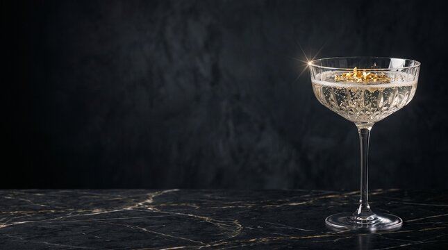 Luxury New Year Celebration Banner Mockup with Crystal Coupe Champagne Glass 24k Gold Leaf on Nero Portoro Marble and Copy Space