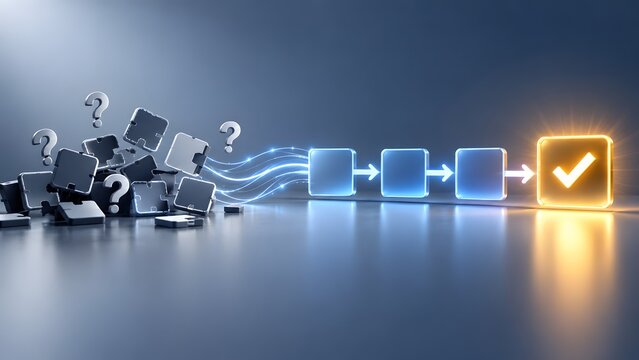Scattered square blocks transforming into a glowing orange checkmark via glowing blue light streams representing problem solving and successful process