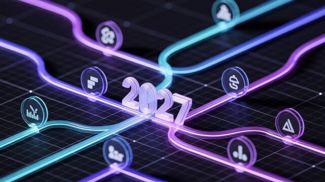 Futuristic 2027 year sign with glowing digital network lines