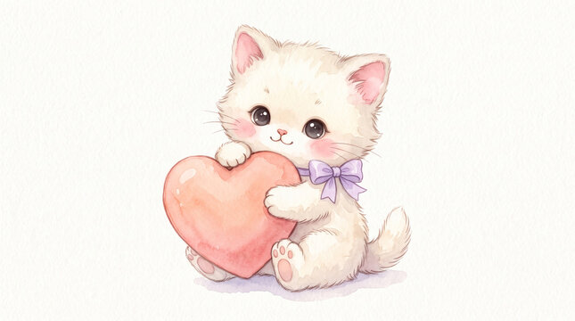 Fluffy kitten sitting and hugging large peach-pink heart, glossy eyes, soft pink ears and tiny lavender bow. Watercolor illustration, gentle hand-painted art isolated on white backdrop.