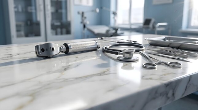 Professional medical diagnostic instruments including otoscope, stethoscope, and surgical tools arranged on a marble table in a clean, modern clinic or hospital examination room.