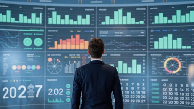 Businessman looking at digital financial data screen