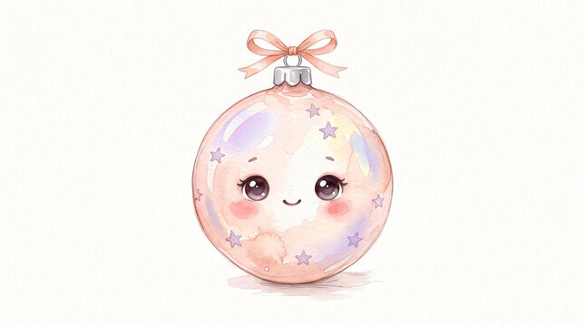 Round blush pink glass ornament with delicate lavender stars, peach ribbon tied at the top. Watercolor illustration, gentle hand-painted art isolated on white backdrop.