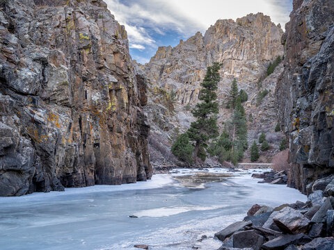 canyon of mountain river in winter scenery - Poudre River at Little Narrow above Fort Collins, Colorado