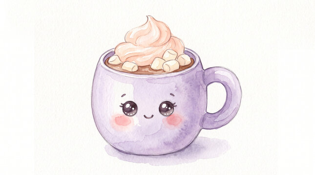 Chubby lavender mug with hot cocoa, tiny ivory marshmallows, swirl of peach whipped cream and cute face with rosy cheeks. Watercolor illustration, gentle hand-painted art isolated on white backdrop.