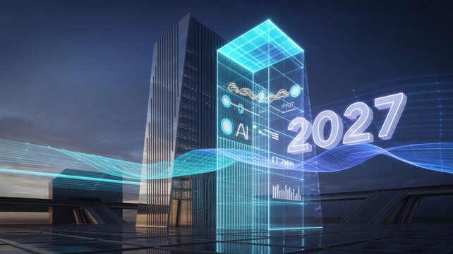 Futuristic skyscraper with 2027 year and digital ai symbols