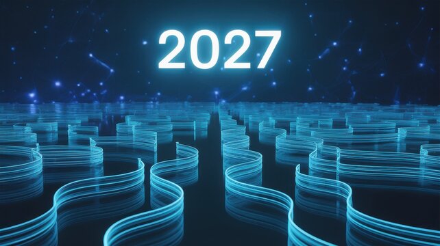 2027 digital year number on a glowing blue tech background