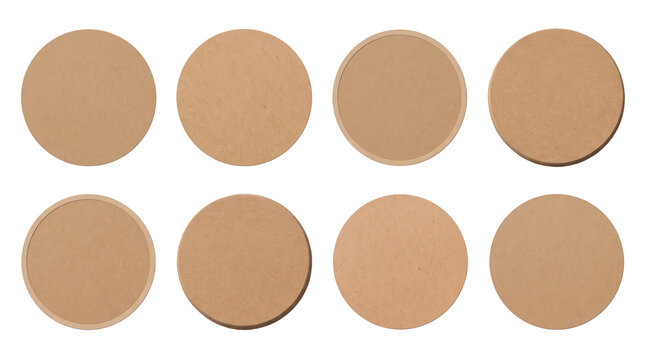Eight blank circular cardboard coasters arranged in two rows on a flat surface isolated on a transparent background