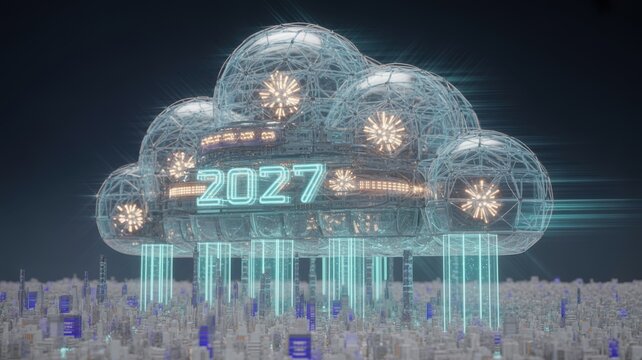 Green 2027 digital calendar year sign with cloud graphic