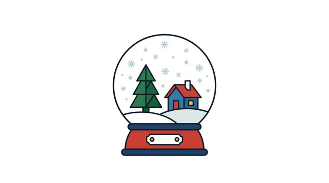 Decorative snow globe containing a small winter cabin and evergreen trees in a snowy landscape. Festive vector illustration for Christmas decorations, winter greeting cards, and seasonal designs.