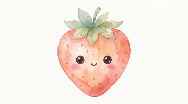 Heart-shaped strawberry in soft coral pink and peach, dotted with tiny golden seeds, sage-green leaves and sweet smiling face. Watercolor illustration, gentle hand-painted art isolated on white