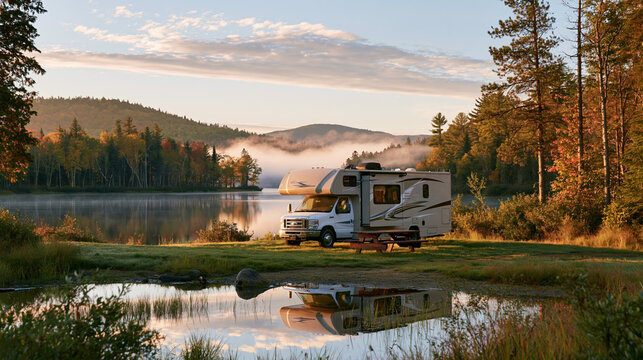 a serene lakeside scene at sunset. A white recreational vehicle, likely a motorhome, is parked beside a calm lake. The RV has a sleek design with a large window and a roof rack.