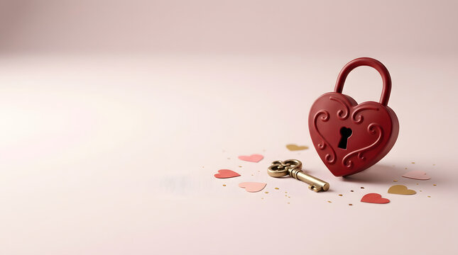 Heart shaped padlock and vintage key on a soft pink background with confetti hearts