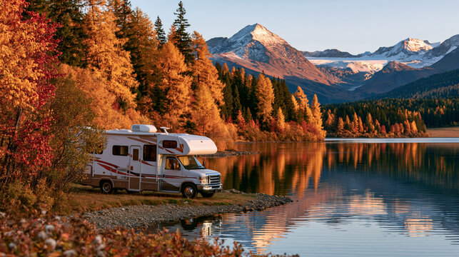 a serene lakeside scene during autumn. A white recreational vehicle, likely an RV, is parked on the shore of a calm lake. The RV has a red and white stripe running along its side.