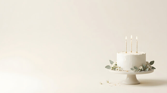 Minimalist white birthday cake with candles