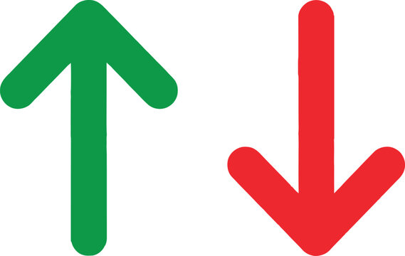 Green up arrow and red down arrow symbols for business growth and market decline indicators