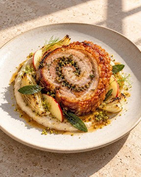 Crisp skinned porchetta with fennel jus