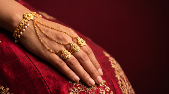 Indian brides hand adorned with traditional gold haath phool jewelry and red embroidered fabric