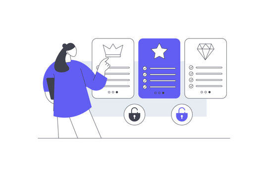 Membership Subscription Plan and VIP Premium Account Selection. Female Specialist Pointing at Crown Star Premium Pricing Cards with Security Locks. Flat Cartoon Vector Illustration, icon Stylish web