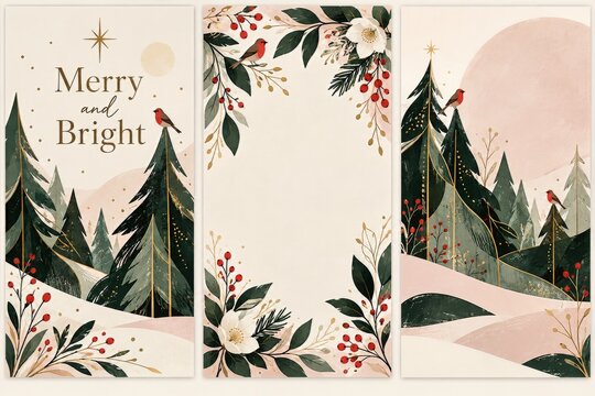 Artistic holiday card set with evergreen trees birds and floral frames