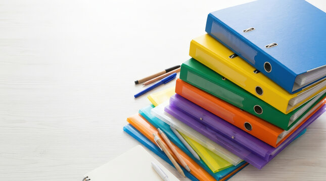 Colorful ring binder folders stacked with pens and ruler on white wooden table for office organization and school supplies management