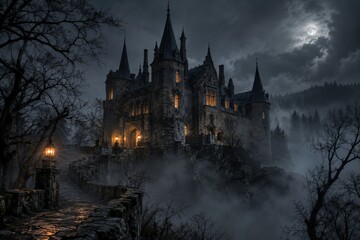 Obraz premium Spooky Gothic Castle with Glowing Windows above a Foggy Moonlit Woodland